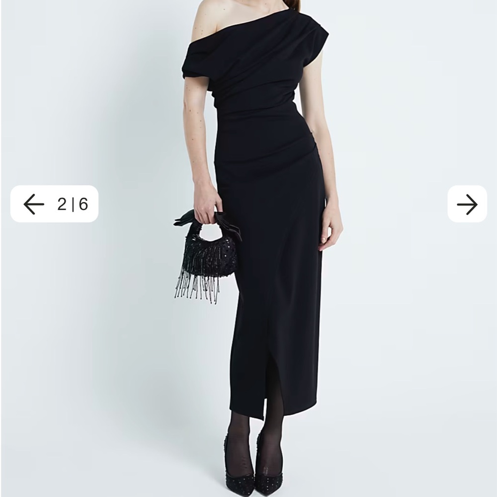 Black Asymmetrical Draped Wrap Midi Dress